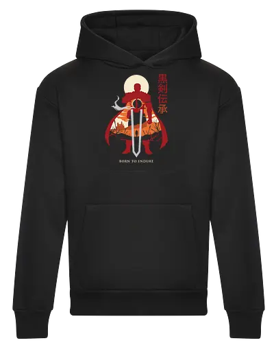 Born to Endure: The Black Swordsman - Berserk shirt, Guts graphic tee, Black Swordsman apparel, dark fantasy anime streetwear, double exposure anime design, edgy manga clothing, Born to Endure quote, epic anime warrior shirt, aesthetic otaku fashion, Japanese text anime merch - Heavyweight Hoodie
