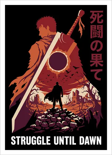 Aftermath of the Eclipse: The Struggler - Berserk shirt, Guts graphic tee, dark fantasy streetwear, anime eclipse design, Black Swordsman apparel, grimdark manga clothing, double exposure anime art, edgy otaku fashion, Japanese text anime merch, the struggler tee - Kunstdruck
