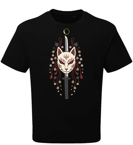 Kitsune's Edge: The Spirit Blade - Kitsune mask shirt, Japanese folklore apparel, katana sword graphic tee, sakura cherry blossom clothing, aesthetic anime streetwear, Yokai spirit fashion, samurai sword design, neo traditional Japanese art, anime swordsman merch, fox demon mask tee - Oversize T-Shirt