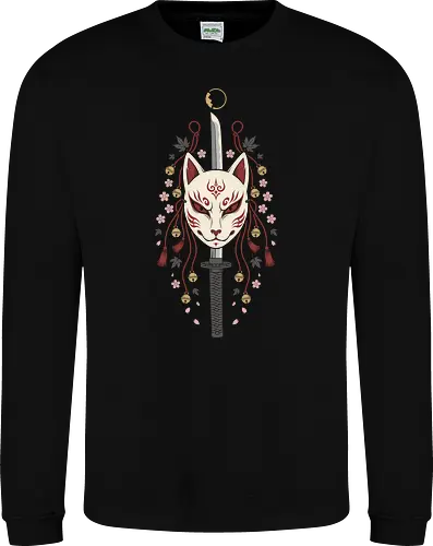 Kitsune's Edge: The Spirit Blade - Kitsune mask shirt, Japanese folklore apparel, katana sword graphic tee, sakura cherry blossom clothing, aesthetic anime streetwear, Yokai spirit fashion, samurai sword design, neo traditional Japanese art, anime swordsman merch, fox demon mask tee - Sweatshirt