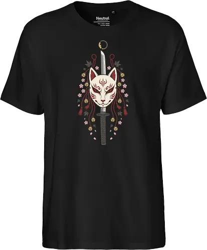 Kitsune's Edge: The Spirit Blade - Kitsune mask shirt, Japanese folklore apparel, katana sword graphic tee, sakura cherry blossom clothing, aesthetic anime streetwear, Yokai spirit fashion, samurai sword design, neo traditional Japanese art, anime swordsman merch, fox demon mask tee - Fairtrade T-Shirt
