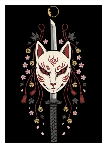 Kitsune's Edge: The Spirit Blade - Kitsune mask shirt, Japanese folklore apparel, katana sword graphic tee, sakura cherry blossom clothing, aesthetic anime streetwear, Yokai spirit fashion, samurai sword design, neo traditional Japanese art, anime swordsman merch, fox demon mask tee - Kunstdruck