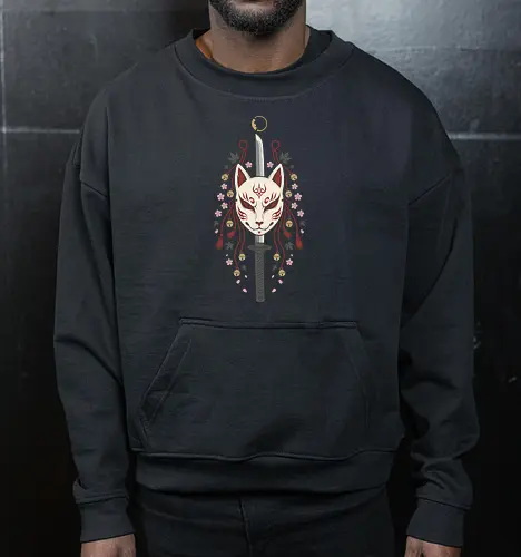 Kitsune's Edge: The Spirit Blade - Kitsune mask shirt, Japanese folklore apparel, katana sword graphic tee, sakura cherry blossom clothing, aesthetic anime streetwear, Yokai spirit fashion, samurai sword design, neo traditional Japanese art, anime swordsman merch, fox demon mask tee - Cropped Sweatshirt