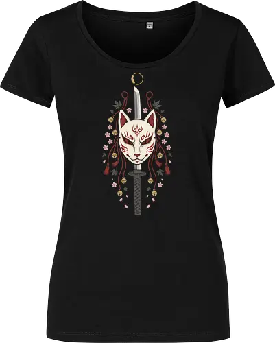 Kitsune's Edge: The Spirit Blade - Kitsune mask shirt, Japanese folklore apparel, katana sword graphic tee, sakura cherry blossom clothing, aesthetic anime streetwear, Yokai spirit fashion, samurai sword design, neo traditional Japanese art, anime swordsman merch, fox demon mask tee - Damen T-Shirt