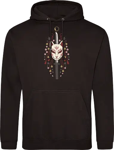 Kitsune's Edge: The Spirit Blade - Kitsune mask shirt, Japanese folklore apparel, katana sword graphic tee, sakura cherry blossom clothing, aesthetic anime streetwear, Yokai spirit fashion, samurai sword design, neo traditional Japanese art, anime swordsman merch, fox demon mask tee - Standard Hoodie