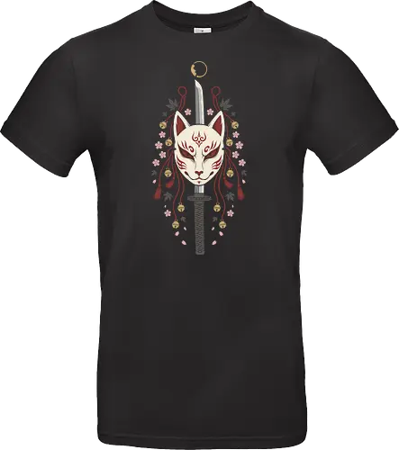 Kitsune's Edge: The Spirit Blade - Kitsune mask shirt, Japanese folklore apparel, katana sword graphic tee, sakura cherry blossom clothing, aesthetic anime streetwear, Yokai spirit fashion, samurai sword design, neo traditional Japanese art, anime swordsman merch, fox demon mask tee - Standard T-Shirt