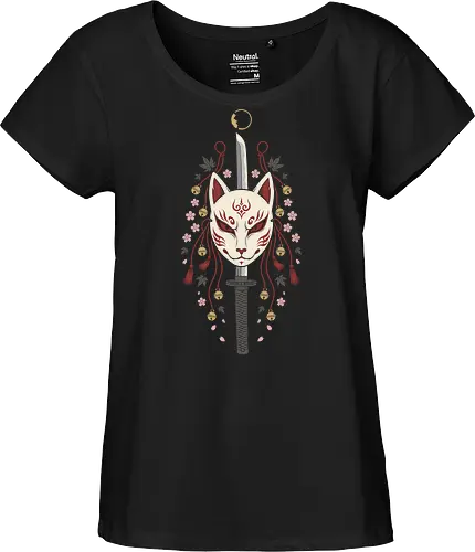 Kitsune's Edge: The Spirit Blade - Kitsune mask shirt, Japanese folklore apparel, katana sword graphic tee, sakura cherry blossom clothing, aesthetic anime streetwear, Yokai spirit fashion, samurai sword design, neo traditional Japanese art, anime swordsman merch, fox demon mask tee - Fairtrade Girl Shirt