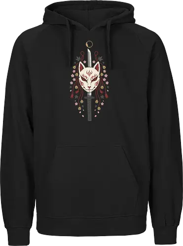 Kitsune's Edge: The Spirit Blade - Kitsune mask shirt, Japanese folklore apparel, katana sword graphic tee, sakura cherry blossom clothing, aesthetic anime streetwear, Yokai spirit fashion, samurai sword design, neo traditional Japanese art, anime swordsman merch, fox demon mask tee - Fairtrade Hoodie