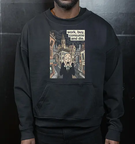 Absurd Existence: The Modern Scream - The Scream parody shirt, anti capitalist graphic tee, existential dread apparel, funny art history merch, work buy consume die, sarcastic corporate clothing, modern art mashup, ironic streetwear design, absurdism philosophy shirt, dark humor aesthetic tee - Cropped Sweatshirt