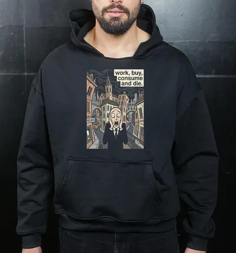 Absurd Existence: The Modern Scream - The Scream parody shirt, anti capitalist graphic tee, existential dread apparel, funny art history merch, work buy consume die, sarcastic corporate clothing, modern art mashup, ironic streetwear design, absurdism philosophy shirt, dark humor aesthetic tee - Cropped Hoodie