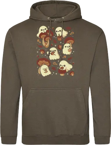 Cute Ghosts with Autumn Mushrooms - cute ghost, mushroom, autumn, fall, fungi, kawaii ghost, cozy, autumn leaves, spooky, rain frog, october, pattern, seamless, xmorfina - Standard Hoodie