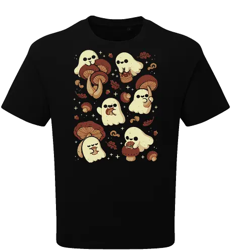 Cute Ghosts with Autumn Mushrooms - cute ghost, mushroom, autumn, fall, fungi, kawaii ghost, cozy, autumn leaves, spooky, rain frog, october, pattern, seamless, xmorfina - Oversize T-Shirt