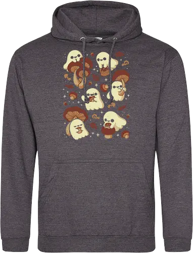 Cute Ghosts with Autumn Mushrooms - cute ghost, mushroom, autumn, fall, fungi, kawaii ghost, cozy, autumn leaves, spooky, rain frog, october, pattern, seamless, xmorfina - Standard Hoodie