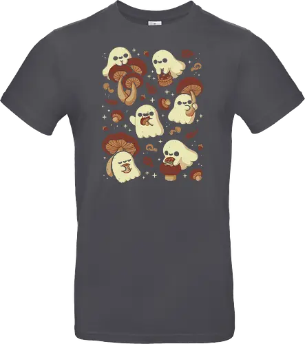 Cute Ghosts with Autumn Mushrooms - cute ghost, mushroom, autumn, fall, fungi, kawaii ghost, cozy, autumn leaves, spooky, rain frog, october, pattern, seamless, xmorfina - Standard T-Shirt