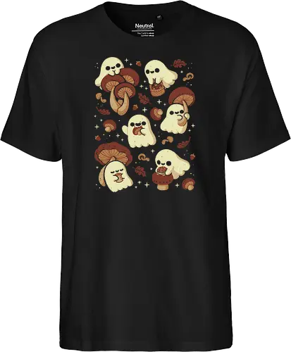 Cute Ghosts with Autumn Mushrooms - cute ghost, mushroom, autumn, fall, fungi, kawaii ghost, cozy, autumn leaves, spooky, rain frog, october, pattern, seamless, xmorfina - Fairtrade T-Shirt