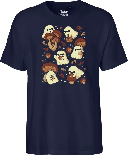 Cute Ghosts with Autumn Mushrooms - cute ghost, mushroom, autumn, fall, fungi, kawaii ghost, cozy, autumn leaves, spooky, rain frog, october, pattern, seamless, xmorfina - Fairtrade T-Shirt