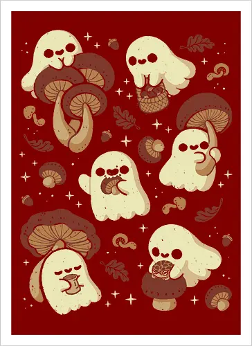 Cute Ghosts with Autumn Mushrooms - cute ghost, mushroom, autumn, fall, fungi, kawaii ghost, cozy, autumn leaves, spooky, rain frog, october, pattern, seamless, xmorfina - Kunstdruck