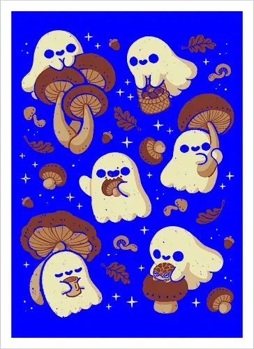 Cute Ghosts with Autumn Mushrooms - cute ghost, mushroom, autumn, fall, fungi, kawaii ghost, cozy, autumn leaves, spooky, rain frog, october, pattern, seamless, xmorfina - Kunstdruck