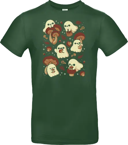 Cute Ghosts with Autumn Mushrooms - cute ghost, mushroom, autumn, fall, fungi, kawaii ghost, cozy, autumn leaves, spooky, rain frog, october, pattern, seamless, xmorfina - Standard T-Shirt