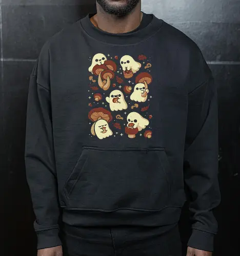 Cute Ghosts with Autumn Mushrooms - cute ghost, mushroom, autumn, fall, fungi, kawaii ghost, cozy, autumn leaves, spooky, rain frog, october, pattern, seamless, xmorfina - Cropped Sweatshirt