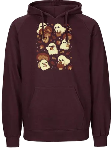 Cute Ghosts with Autumn Mushrooms - cute ghost, mushroom, autumn, fall, fungi, kawaii ghost, cozy, autumn leaves, spooky, rain frog, october, pattern, seamless, xmorfina - Fairtrade Hoodie