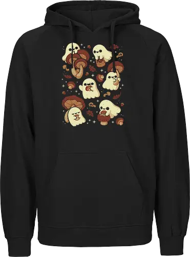 Cute Ghosts with Autumn Mushrooms - cute ghost, mushroom, autumn, fall, fungi, kawaii ghost, cozy, autumn leaves, spooky, rain frog, october, pattern, seamless, xmorfina - Fairtrade Hoodie