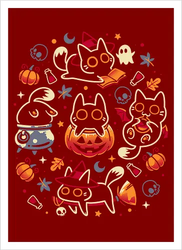 Halloween Kitten Party - black cats, halloween, spooky cute, kitten, magical, witchy, witchcraft, pumpkin, skulls, spooky season, ghost, autumn vibes, kawaii, cat lover, vampire - Kunstdruck