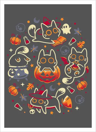 Halloween Kitten Party - black cats, halloween, spooky cute, kitten, magical, witchy, witchcraft, pumpkin, skulls, spooky season, ghost, autumn vibes, kawaii, cat lover, vampire - Kunstdruck