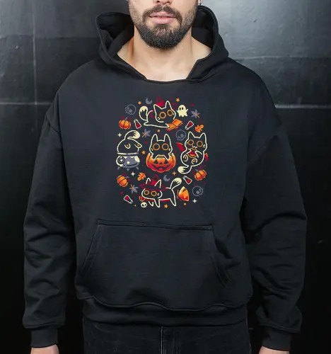 Halloween Kitten Party - black cats, halloween, spooky cute, kitten, magical, witchy, witchcraft, pumpkin, skulls, spooky season, ghost, autumn vibes, kawaii, cat lover, vampire - Cropped Hoodie