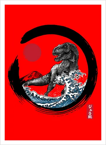 Enso R-Rex - japan, japanese art, sumi e, t- rex, great wave off kanagawa, animals, nature, dinosaurs, action movies, jurassic - Kunstdruck
