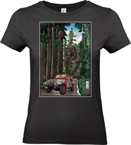 T- Rex chase woodblock - japan, japanese art, sumi e, t- rex, great wave off kanagawa, animals, nature, dinosaurs, action movies, jurassic - Standard T-Shirt (Frauen)