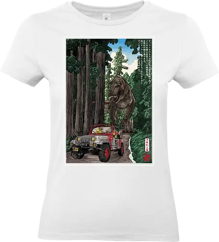 T- Rex chase woodblock - japan, japanese art, sumi e, t- rex, great wave off kanagawa, animals, nature, dinosaurs, action movies, jurassic - Standard T-Shirt (Frauen)