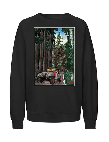 T- Rex chase woodblock - japan, japanese art, sumi e, t- rex, great wave off kanagawa, animals, nature, dinosaurs, action movies, jurassic - Fairtrade Sweatshirt