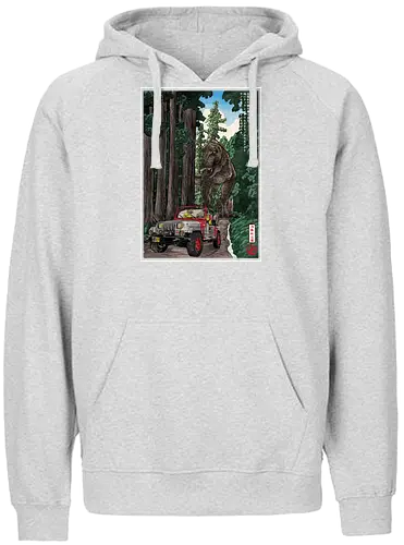 T- Rex chase woodblock - japan, japanese art, sumi e, t- rex, great wave off kanagawa, animals, nature, dinosaurs, action movies, jurassic - Fairtrade Hoodie
