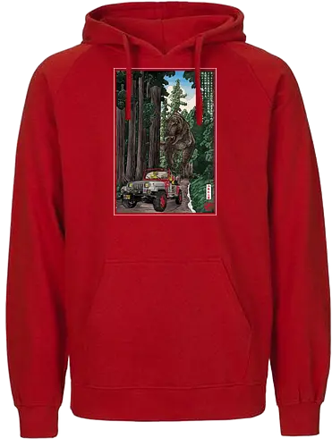T- Rex chase woodblock - japan, japanese art, sumi e, t- rex, great wave off kanagawa, animals, nature, dinosaurs, action movies, jurassic - Fairtrade Hoodie