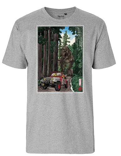 T- Rex chase woodblock - japan, japanese art, sumi e, t- rex, great wave off kanagawa, animals, nature, dinosaurs, action movies, jurassic - Fairtrade T-Shirt