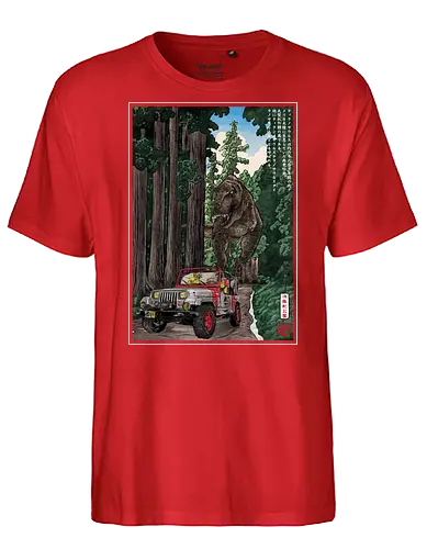 T- Rex chase woodblock - japan, japanese art, sumi e, t- rex, great wave off kanagawa, animals, nature, dinosaurs, action movies, jurassic - Fairtrade T-Shirt