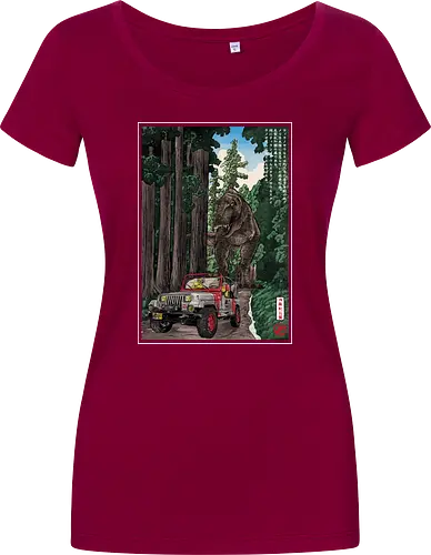 T- Rex chase woodblock - japan, japanese art, sumi e, t- rex, great wave off kanagawa, animals, nature, dinosaurs, action movies, jurassic - Damen T-Shirt