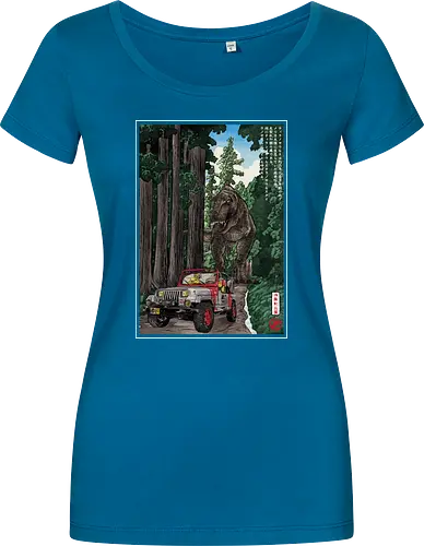 T- Rex chase woodblock - japan, japanese art, sumi e, t- rex, great wave off kanagawa, animals, nature, dinosaurs, action movies, jurassic - Damen T-Shirt
