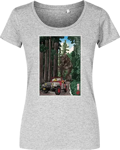 T- Rex chase woodblock - japan, japanese art, sumi e, t- rex, great wave off kanagawa, animals, nature, dinosaurs, action movies, jurassic - Damen T-Shirt