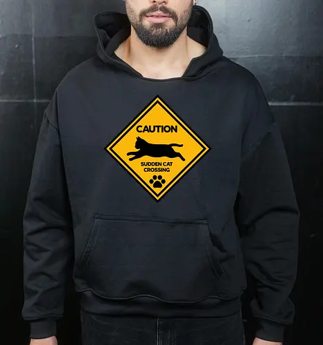 Caution: Sudden Cat Crossing Japan Art  - cat art, cat artwork, cat humor, cat lover, cat teeshirt, cute cats, funny cats, funny humor, funny quote, funny slogan, parody brand, parody design, parody logo, pop art, trending now - Cropped Hoodie