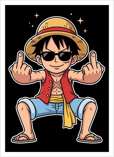 Rebel Captain: The Sun God's Salute - Luffy Gear 5 shirt, One Piece funny graphic tee, Sun God Nika apparel, anime middle finger design, edgy otaku streetwear, shonen manga clothing, pirate captain merch, sarcastic anime shirt, rebel aesthetic fashion, cool anime sunglasses tee - Kunstdruck