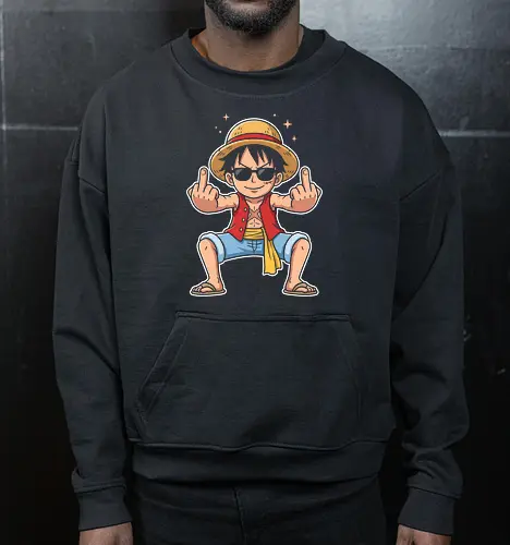 Rebel Captain: The Sun God's Salute - Luffy Gear 5 shirt, One Piece funny graphic tee, Sun God Nika apparel, anime middle finger design, edgy otaku streetwear, shonen manga clothing, pirate captain merch, sarcastic anime shirt, rebel aesthetic fashion, cool anime sunglasses tee - Cropped Sweatshirt