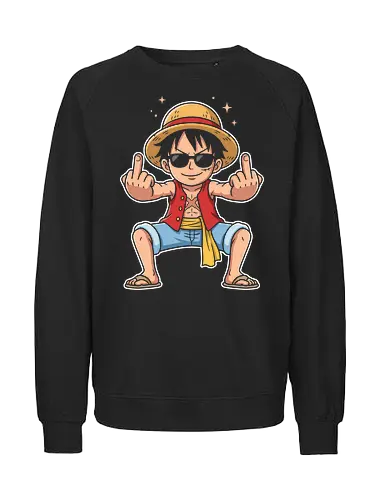 Rebel Captain: The Sun God's Salute - Luffy Gear 5 shirt, One Piece funny graphic tee, Sun God Nika apparel, anime middle finger design, edgy otaku streetwear, shonen manga clothing, pirate captain merch, sarcastic anime shirt, rebel aesthetic fashion, cool anime sunglasses tee - Fairtrade Sweatshirt