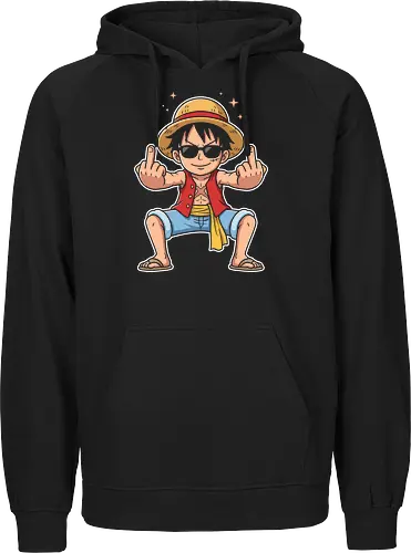Rebel Captain: The Sun God's Salute - Luffy Gear 5 shirt, One Piece funny graphic tee, Sun God Nika apparel, anime middle finger design, edgy otaku streetwear, shonen manga clothing, pirate captain merch, sarcastic anime shirt, rebel aesthetic fashion, cool anime sunglasses tee - Fairtrade Hoodie
