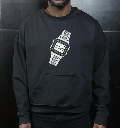 High Time: Retro Digital Watch - 420 shirt, retro digital watch graphic, vintage Casio apparel, stoner aesthetic streetwear, minimalist weed clothing, 80s nostalgia fashion, funny high time tee, subtle stoner merch, clean vector graphic design, retro tech clothing - Cropped Sweatshirt