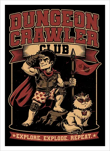 Dungeon Crawler Club - Nerd, Geek, Fantasy, Adventure, Rpg, Litrpg, Book, Books, Bookworm, Science Fantasy, Science Fiction, Scifi, Cat, Pet, Donut, Funny, Post-apocalyptic, Apocalypse, Post Apocalyptic, Apocalyptic Cats, Postapocalypse, Post-apocalypse, Vintage, Retro, Retro Vintage, Retro Advertising, Retro Publicity, Club, Group, Squad, Exploration, Exploring, Explore, Explorer, Explosion, Explosive, Repeat - Kunstdruck