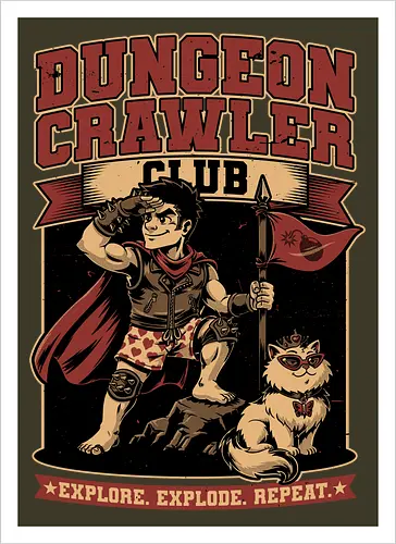 Dungeon Crawler Club - Nerd, Geek, Fantasy, Adventure, Rpg, Litrpg, Book, Books, Bookworm, Science Fantasy, Science Fiction, Scifi, Cat, Pet, Donut, Funny, Post-apocalyptic, Apocalypse, Post Apocalyptic, Apocalyptic Cats, Postapocalypse, Post-apocalypse, Vintage, Retro, Retro Vintage, Retro Advertising, Retro Publicity, Club, Group, Squad, Exploration, Exploring, Explore, Explorer, Explosion, Explosive, Repeat - Kunstdruck