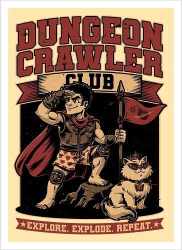Dungeon Crawler Club - Nerd, Geek, Fantasy, Adventure, Rpg, Litrpg, Book, Books, Bookworm, Science Fantasy, Science Fiction, Scifi, Cat, Pet, Donut, Funny, Post-apocalyptic, Apocalypse, Post Apocalyptic, Apocalyptic Cats, Postapocalypse, Post-apocalypse, Vintage, Retro, Retro Vintage, Retro Advertising, Retro Publicity, Club, Group, Squad, Exploration, Exploring, Explore, Explorer, Explosion, Explosive, Repeat - Kunstdruck