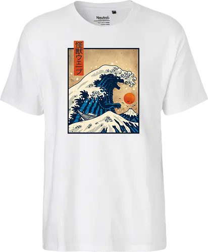 The Great Wave of Kaiju / Kaiju Wave - kawagawa, waves, kaiju, summer, retro, vintage, art, classic, monster, ocean, sunset, Kaiju, Große Welle, Hokusai, Japan, Japanische Kunst, Ukiyo-e, Monster, Popkultur, Mashup, Retro, Vintage, Anime, Manga, Kanagawa - Fairtrade T-Shirt